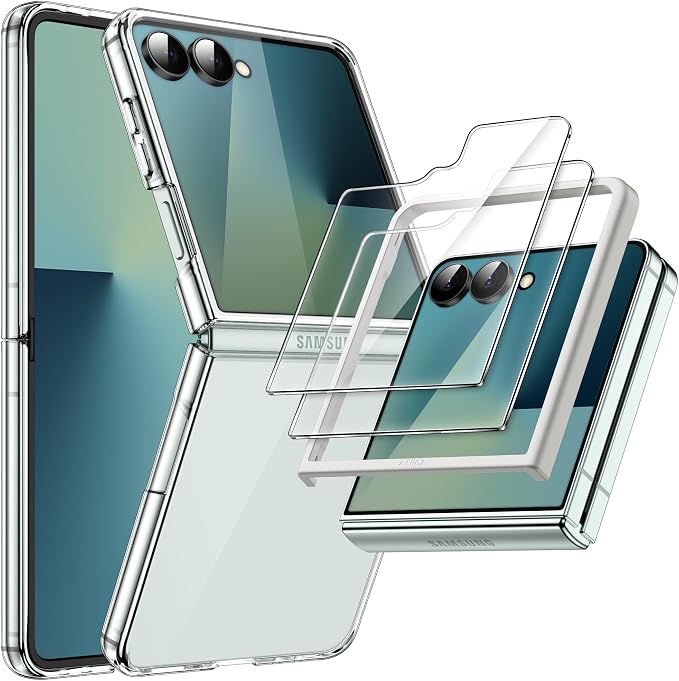 JETech 3 in 1 Case for Samsung Galaxy Z Flip 7, Clear | 2 Tempered Glass Front Screen Protectors, Scratch Resistant, Crystal Transparent Hard PC Shell, Protective Phone Cover