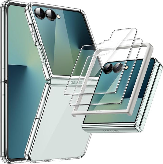 JETech 3 in 1 Case for Samsung Galaxy Z Flip 7, Clear | 2 Tempered Glass Front Screen Protectors, Scratch Resistant, Crystal Transparent Hard PC Shell, Protective Phone Cover