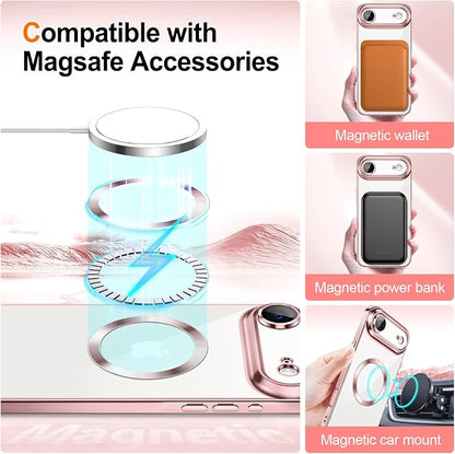 Hython for iPhone Air Case Glitter Clear Magnetic Phone Cases [Compatible with MagSafe] Full Camera Lens Protector Sparkle Luxury Plating Slim Shockproof Protective Cover Women, Pink