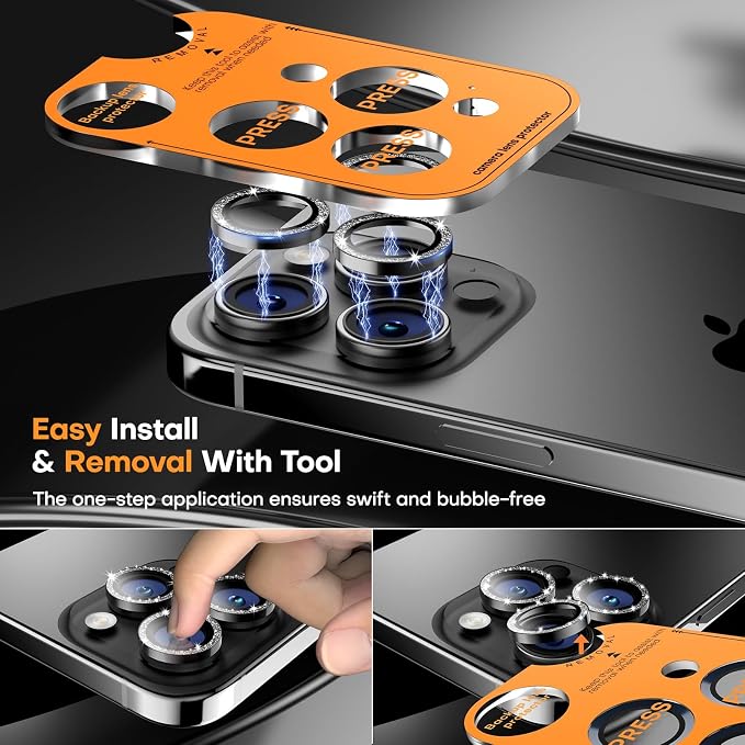 Camera Lens Protector for iPhone 17 Pro Max/17 Pro/16 Pro Max/16 Pro/15 Pro Max/15 Pro/14 Pro Max/14 Pro,Tempered Glass Metal Individual Camera Cover[Anti-drop] Case Friendly- Glitter Black