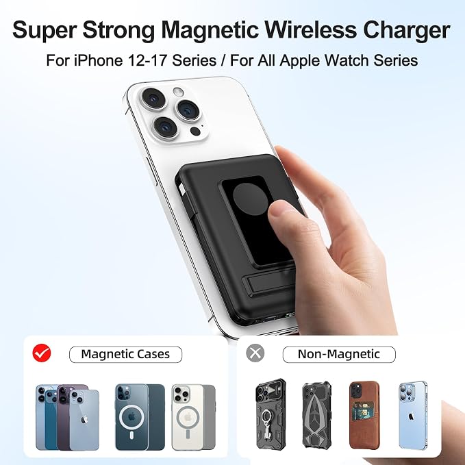 Magnetic Portable Charger, 10000mAh Wireless Power Bank for iPhone with Built-in Cables, 20W Fast Charging for Magsafe Battery Pack with Stand for iPhone Air/17/16/15/14/13/12 and Apple Watch