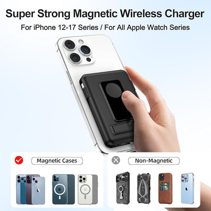 Magnetic Portable Charger, 10000mAh Wireless Power Bank for iPhone with Built-in Cables, 20W Fast Charging for Magsafe Battery Pack with Stand for iPhone Air/17/16/15/14/13/12 and Apple Watch