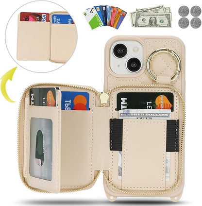 Crossbody Wallet Case for iPhone 14, PU Leather Zipper Handbag Purse Flip Cover, Kickstand Folio Case with Card Slots Holder Wrist Strap Lanyard 5G 6.1 Inch-White