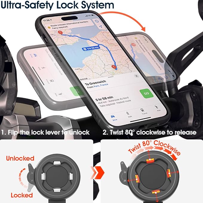 CQ Bike Phone Holder, Motorcycle Phone Mount, Universal Quick Lock/Release Out Front Bike Cell Phone Holder for Bike MTB Mountain Road Biycle, EBike, Scooter,Moto Handlebar
