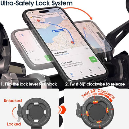 CQ Bike Phone Holder, Motorcycle Phone Mount, Universal Quick Lock/Release Out Front Bike Cell Phone Holder for Bike MTB Mountain Road Biycle, EBike, Scooter,Moto Handlebar