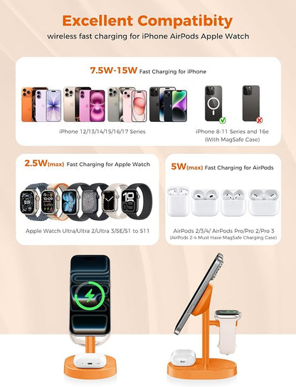 2026 3 in 1 Wireless Charging Station for Apple MagSafe Charger, 15W Fast Magnetic Mag-Safe Charger Stand for iPhone 17 16 15 14 13 12 Apple Watch AirPods Series, Orange