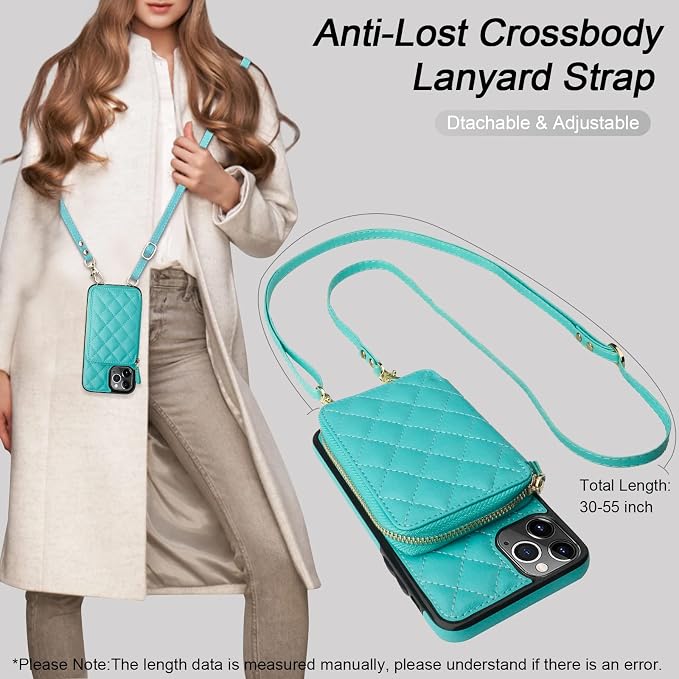 Bocasal Crossbody Wallet Case for iPhone 11 Pro Max, RFID Blocking PU Leather Zipper Handbag Purse Flip Cover, Kickstand Folio Case with Card Slots Holder Wrist Strap Lanyard 6.5 Inch (Mint Green)
