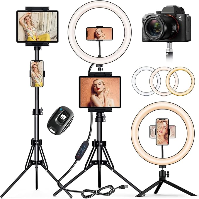 12" Selfie Ring Light with Tripod Stand 72" Tall & Mini Desktop Tripod, PEYOU Ring Light Tripod with 4 Phone Tablet Holders & Shutter for YouTube/Makeup/TikTok/Photography, Compatible with iPhone iPad