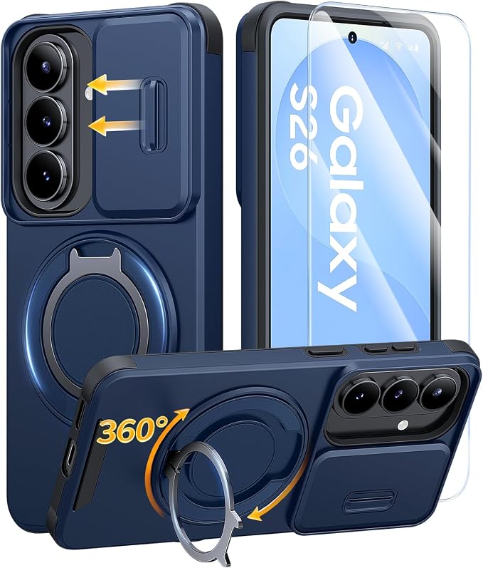 JAME for Samsung Galaxy S26 Case, Ring Holder Stand Kickstand, Slide Camera Cover with Screen Protector, Dual-Layer Shockproof Protective, Magnetic Accessory Friendly Galaxy S26 Phone Case, Blue