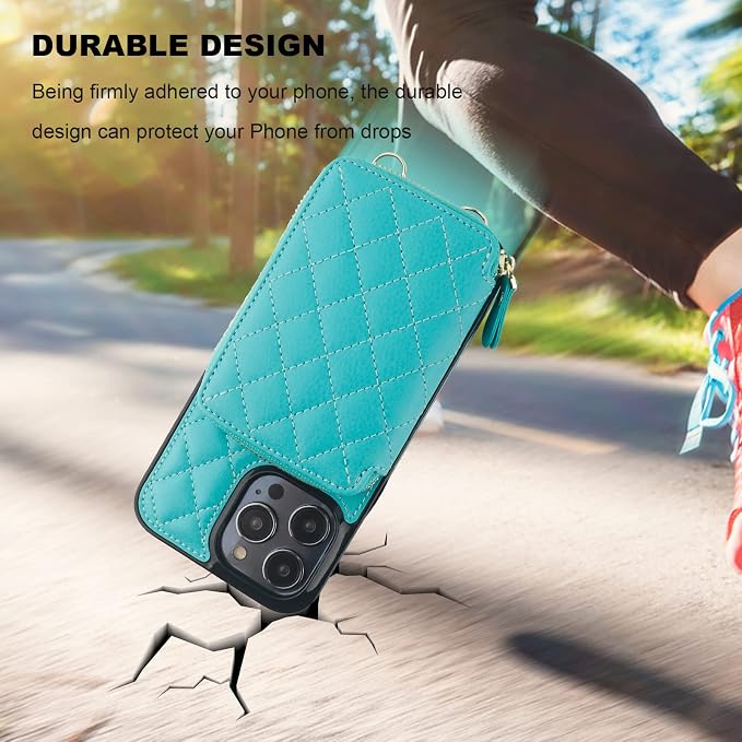 Bocasal Crossbody Wallet Case for iPhone 14 Pro Max, RFID Blocking PU Leather Zipper Handbag Purse Flip Cover, Kickstand Folio Case with Card Slots Holder Wrist Strap Lanyard 5G 6.7 Inch (Mint Green)