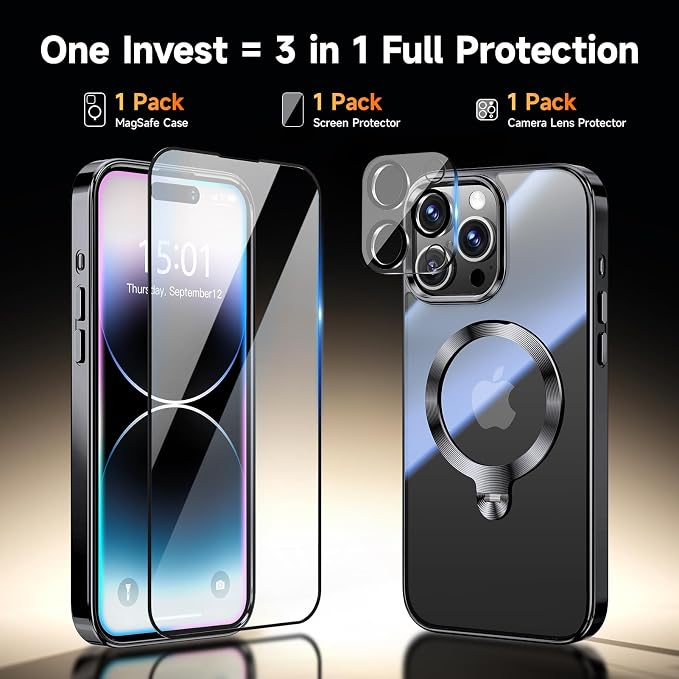 [Tri-Shield Protection] for iPhone 14 Pro Case with 360° Spin Stand Compatible with MagSafe [Magnetic CD Ring] [Screen & Camera Lens Protector] Shockproof Plating Never-Yellowing, Black-6.1"