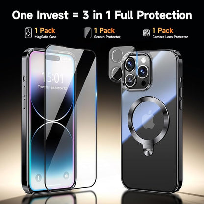 [Tri-Shield Protection] for iPhone 14 Pro Case with 360° Spin Stand Compatible with MagSafe [Magnetic CD Ring] [Screen & Camera Lens Protector] Shockproof Plating Never-Yellowing, Black-6.1"