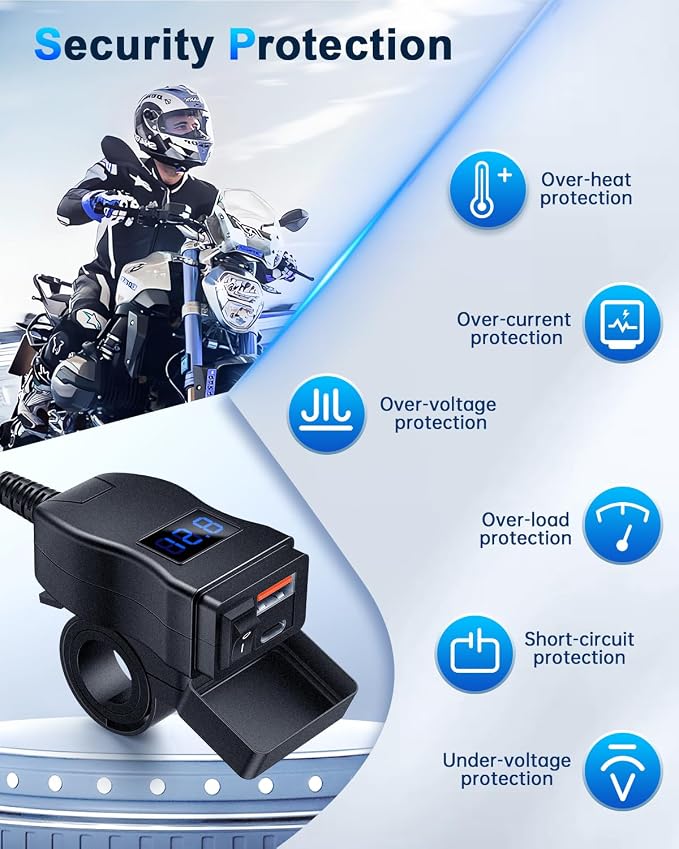 EXTRACTME Motorcycle USB Charger, Dual USB Type C PD & Quick Charge 3.0 Motorcycle Phone Charger with Voltmeter & ON/Off Switch, Waterproof Motorcycle Accessories for All Phone, Tablet, GPS