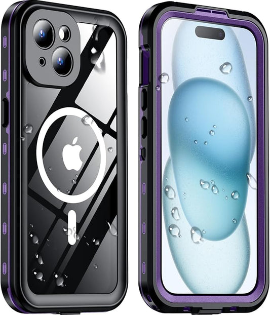 Temdan Magnetic for iPhone 15 Case Waterproof,Built-in Screen Protector[IP68 Underwater][Upgrade Military Dropproof][Compatible with MagSafe] Full Body Shockproof Translucent Case 6.1''-Purple