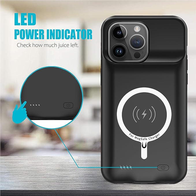 Battery Case for iPhone 14 Pro Max, 12000mAh High Capacity Smart Portable Charger Case Rechargeable Battery Pack Charging Case with Wireless Charging Compatible with iPhone 14 Pro Max (6.7 inch)-Black