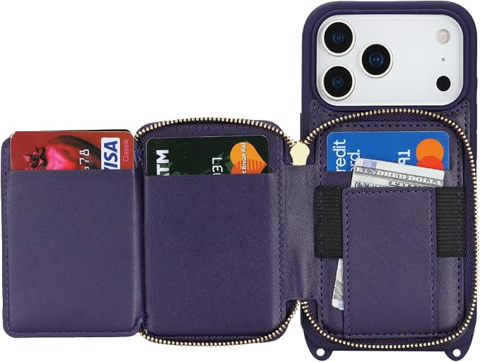 Crossbody Wallet Case for iPhone 17 Pro, PU Leather Zipper Handbag Purse Flip Cover, Kickstand Folio Case with Card Slots Holder Wrist Strap Lanyard 5G 6.3 Inch-Purple