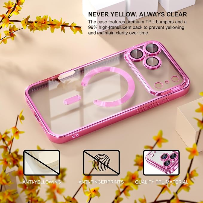Misea Magnetic for iPhone 17 Pro Max Case Compatible with MagSafe [Never Yellowing] [Military Grade Drop Protection] Full Camera Lens Protector Plating Soft Clear Phone Case for Women, Hot Pink