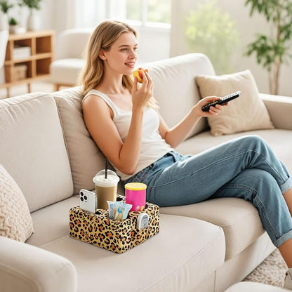 Luxspire Couch Cup Holder Tray, Couch Cup Holder Pillow with 4 Holes, Side Pocket and Handle, Couch Caddy Pillow for Phone/Drinks/Remote Control/Snacks, Leopard Print