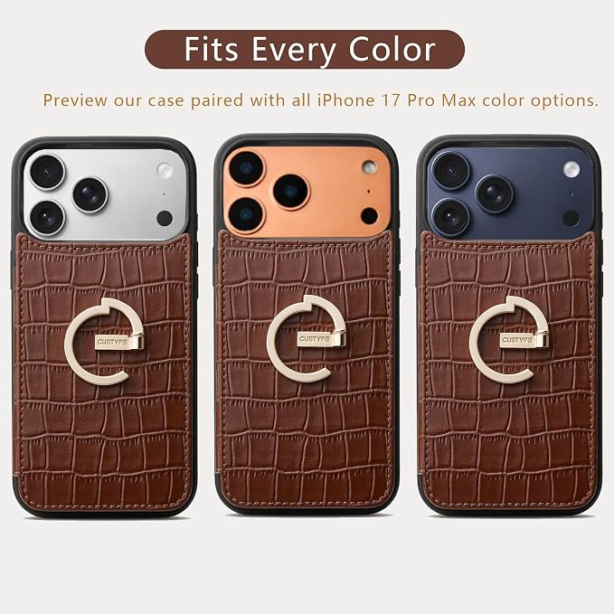 CUSTYPE Compatible with iPhone 17 Pro Max Wallet Case with Card Holder,180°Ring Holder Kickstand Card Slots Case,PU Leather Protective Case for iPhone 17 Pro Max 6.9inch-Brown