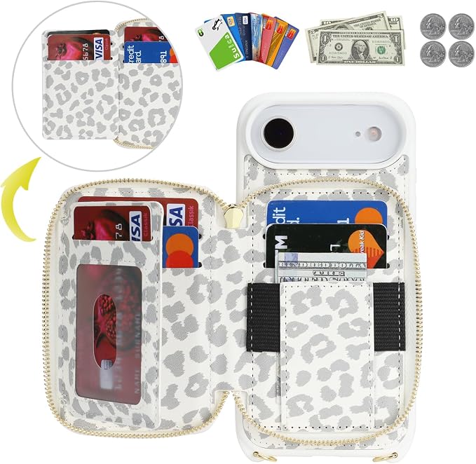 Crossbody Wallet Case for iPhone Air, PU Leather Zipper Handbag Purse Flip Cover, Kickstand Folio Case with Card Slots Holder Wrist Strap Lanyard 5G 6.5 Inch-White Leopard