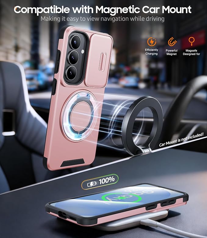 JAME for Samsung Galaxy S26 Case, Ring Holder Stand Kickstand, Slide Camera Cover with Screen Protector, Dual-Layer Shockproof Protective, Magnetic Accessory Friendly Galaxy S26 Phone Case, Pink