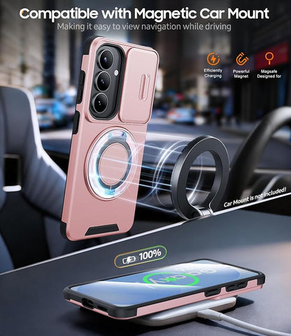 JAME for Samsung Galaxy S26 Case, Ring Holder Stand Kickstand, Slide Camera Cover with Screen Protector, Dual-Layer Shockproof Protective, Magnetic Accessory Friendly Galaxy S26 Phone Case, Pink