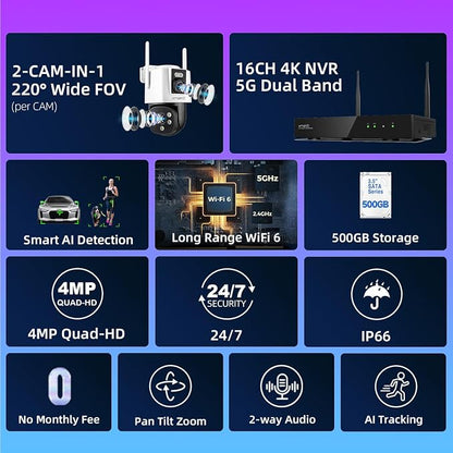 xmartO 4 Dual-Lens Wireless Camera Kit, 8-View WiFi6 Mesh Long Range Security System, 16CH 4K Dual Band NVR, 4MP 180° Static FOV & 360°PTZ AI Tracking, 24/7 Plug-in, 500GB HDD, No Monthly Fee
