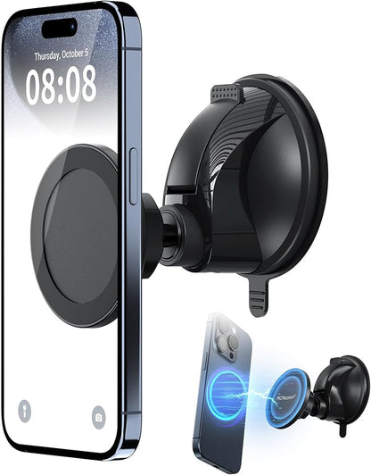 PROfezzion Magnetic Shower Mirror Phone Holder Reusable Suction Cup Phone Mount Compatible with iPhone 17 16 15 14 13 12 & All Phones, Rotating Stand for Glass Window Bathroom Kitchen, Black