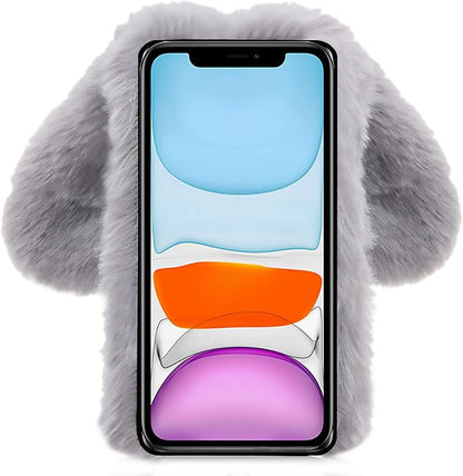 Rabbit Ear Case for iPhone 14 Pro Max 6.7, Crossbody Strap Case Fuzzy Fluffy Cute Women Girls Kids Plush Ball Bunny Fur Phone Case Shockproof Silicone Bumper Protective Cover,Light Gray
