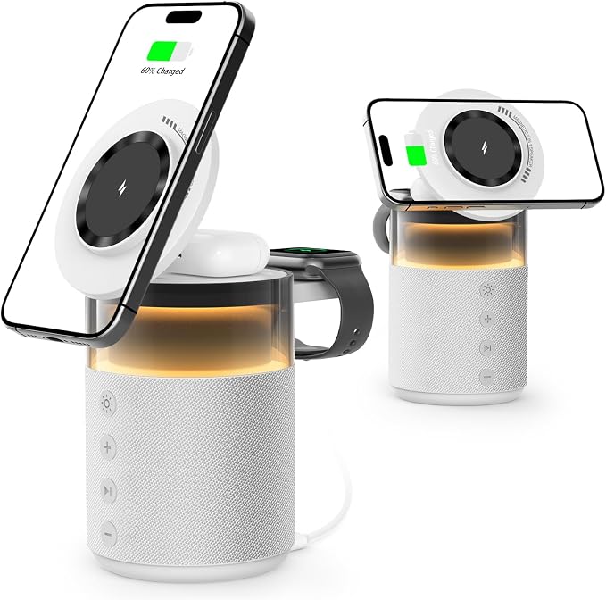 5-in-1 Bluetooth Speaker with Wireless Charging Station,Magnetic Charger with Night Light,Charger Stand with 33W Adapter Compatible with iWatch iPhone 17 16 15 14 13 12 Pro Max Wireless Earbuds White