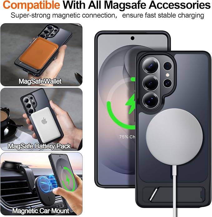 For Samsung Galaxy S26 Ultra Case with Kickstand,1*Screen Protector,[Compatible with Magsafe]Translucent Matte Military-Grade Protection,Magnetic Phone Case for Samsung Galaxy S26 Ultra,6.9"-Black