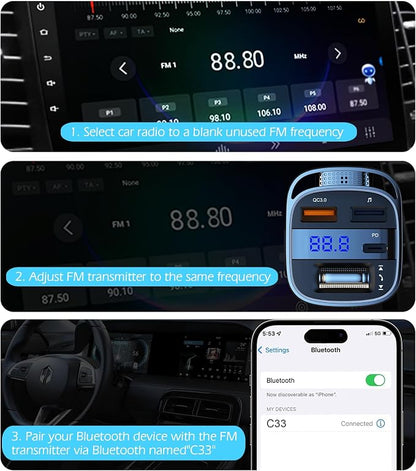 LIHAN Bluetooth 5.4 Car Adapter for Older Cars, 54W PD Fast Charging FM Transmitter, Handsfree Call, Crystal Clear GPS & Music Receiver, Supports USB Drive .wav .flac, Compatible with iPhone & Trucks