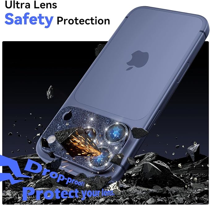 imluckies Compatible with iPhone 17 Pro Camera Lens Protector Bling, Ultra HD Tempered Glass Shiny Diamond Camera Plate Sparkle Screen Protection, 9H Anti-Scratch & Easy Install, Glitter Blue