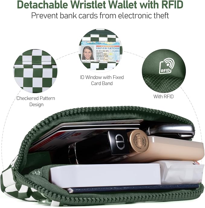 Clip and Go Strap for Phone with Wallet Crossbody Phone Lanyard and Detachable Checkered Bag with ID Window and RFID Pouch for Daily Travel.