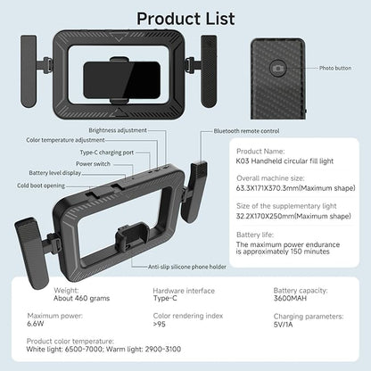Handheld Smartphone LED Ring Light Video Rig with 20m Bluetooth Remote Handle, Ergonomic Stabilizer, 2900K-7000K Adjustable, Fast-Charge, 1/4” Mount for Selfies, Makeup, Live Streaming, Vlogging