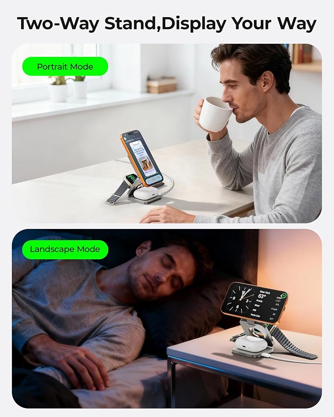 3 in 1 Charging Station for Apple - Qi2.2 25W Magnetic Wireless Charger for iPhone 17, Apple Watch, AirPods, Travel Fast Charging Foldable Stand with 45W GaN Adapter, Aluminum Alloy Design