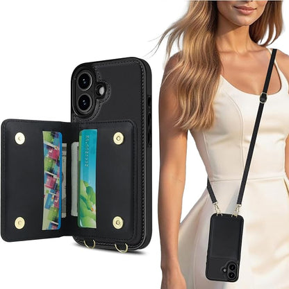LOHASIC for iPhone 17 Case Wallet with Detachable Crossbody Strap & Wrist Lanyard, RFID Blocking, 4 Card Slots 2 Cash Pockets, Leather Case with Card Holder for Women Girls, Black