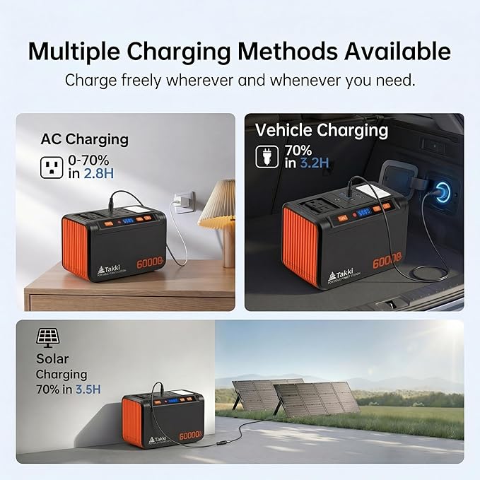 Takki 250W Portable Power Station 222Wh Camping Backup Lithium Battery with Pure Sine Wave AC Outlet 110V Solar Generator for Camping CPAP Home Use Backup Emergency Laptop