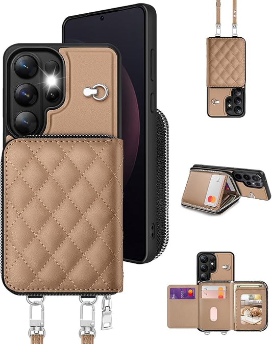 OCASE Compatible with Samsung Galaxy S26 Ultra Crossbody Wallet Case with Card Holder, PU Leather Zipper Handbag Phone Purse with RFID Blocking Kickstand Wrist Strap Lanyard, Khaki