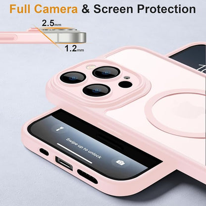 ROYBENS for iPhone 12 Pro-Max Matte Clear Case Compatible with Magsafe, Full Camera Lens Protection, Screen Protector, Wrist Strap, Translucent Magnetic Slim Hard Protective Phone Cover, Pink