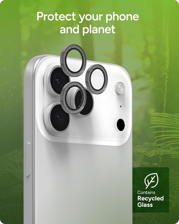 ZAGG iPhone Camera Lens Protector for iPhone 17/16/15 Pro and Pro Max Models - Silver Glitter, Camera Ring, Maximum Impact & Scratch Protection, Anti-Reflective Technology, Glass Elite