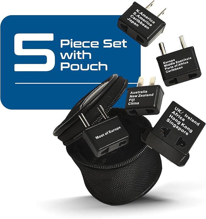 Ceptics International Worldwide Travel Plug Adapter 5 Piece Set, Great for Cell Phones, Battery Chargers, Laptops to Work in Most Countries | International Power Adapter Kit, Worldwide Compatibility, Compact Design, Included Travel Pouch, Works in Most...