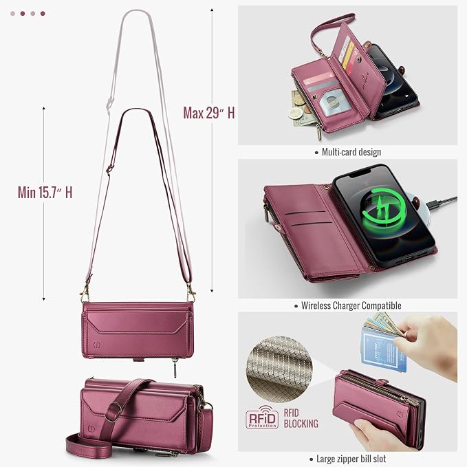 Strapurs Crossbody Wallet Case Compatible with iPhone 17e / iPhone 16e RFID Blocking 7-Card Holder PU Leather Magnetic Snap Shoulder Strap Zipper Pocket Phone Cases for iPhone 17e / 16e - Wine Red