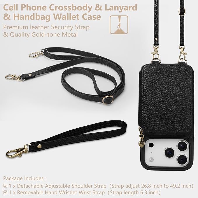 Keallce Case for iPhone 17 Pro 6.3'' Case Wallet, Crossbody Zipper Purse with RFID Blocking Card Slots Kickstand, Lanyard & Handstrap Flip Folio Leather Phone Cover for iPhone 17 Pro, Black