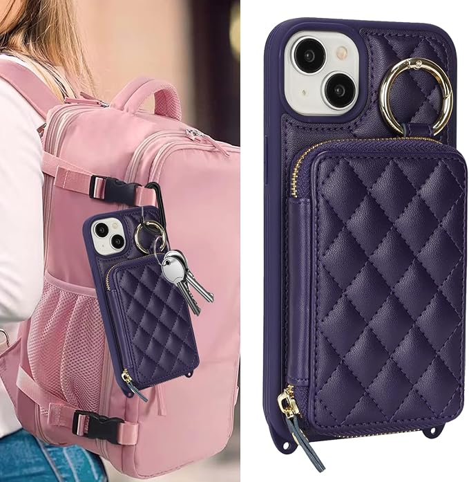 Crossbody Wallet Case for iPhone 14, PU Leather Zipper Handbag Purse Flip Cover, Kickstand Folio Case with Card Slots Holder Wrist Strap Lanyard 5G 6.1 Inch-Purple