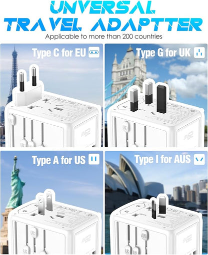 Universal Travel Adapter, 30W 5 USB C/A Ports & 2500W AC Outlet, White | International Power Adapter for Phone Tablet & All USB Devices, Multi Plugs 110V 220V A/C, for Europe UK US 200+ Countries