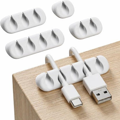 GLUIT Cord Organizer for Desk, Cable Holder for Nightstand, Charger Organizer, Adhesive Desktop Wire Clips, Multislot Cable Management, Table Organizer Accessories - 5 Pack, 15 Slots, White