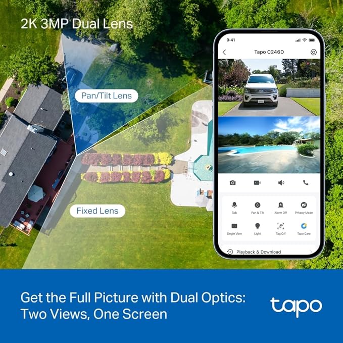 Tapo 2K Indoor/Outdoor Dual Lens Pan/Tilt Wired Security Camera - 125° Wide-Angle View + 6mm Zoom, Motion Track, Person/Vehicle Detection, Subscription-Free Local Storage or Optional Cloud, C246D