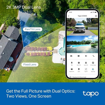 Tapo 2K Indoor/Outdoor Dual Lens Pan/Tilt Wired Security Camera - 125° Wide-Angle View + 6mm Zoom, Motion Track, Person/Vehicle Detection, Subscription-Free Local Storage or Optional Cloud, C246D