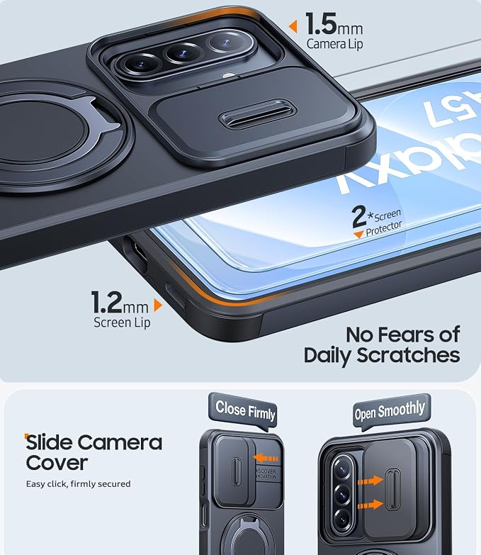 JAME for Samsung Galaxy A57 5G Case, Ring Holder Stand Kickstand, Slide Camera Cover, 2 Screen Protectors, Dual-Layer Shockproof Protective, Magnetic Accessory Friendly Galaxy A57 Phone Case, Black